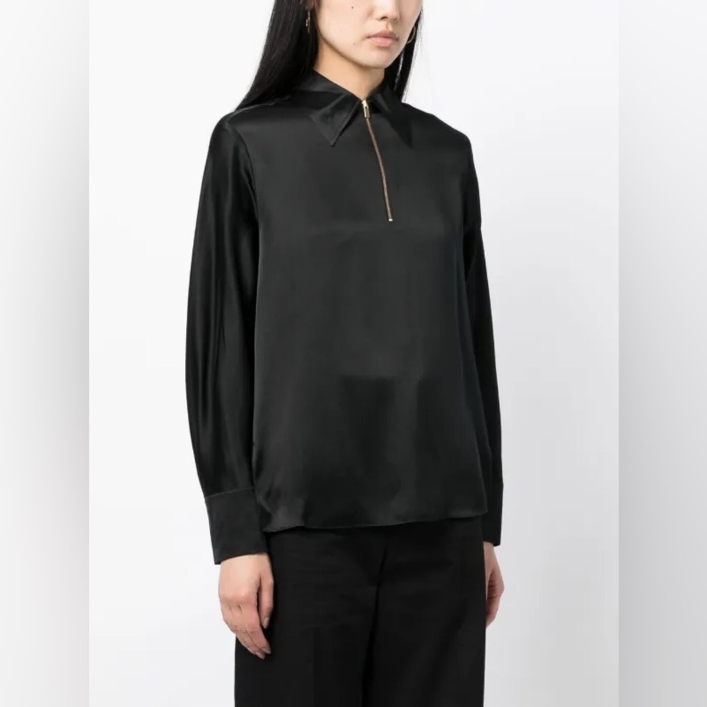 Vince Black Silk Long Sleeve Blouse with Gold Zip Front